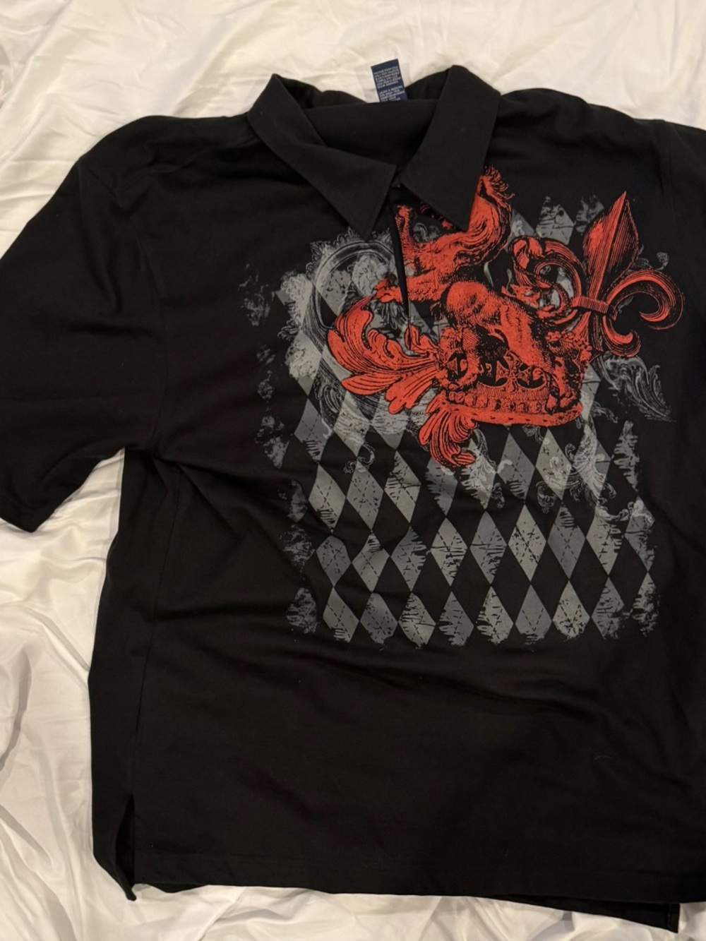 Bugle Boy Black Polo with Red Crest and Gray Harlequin Print
